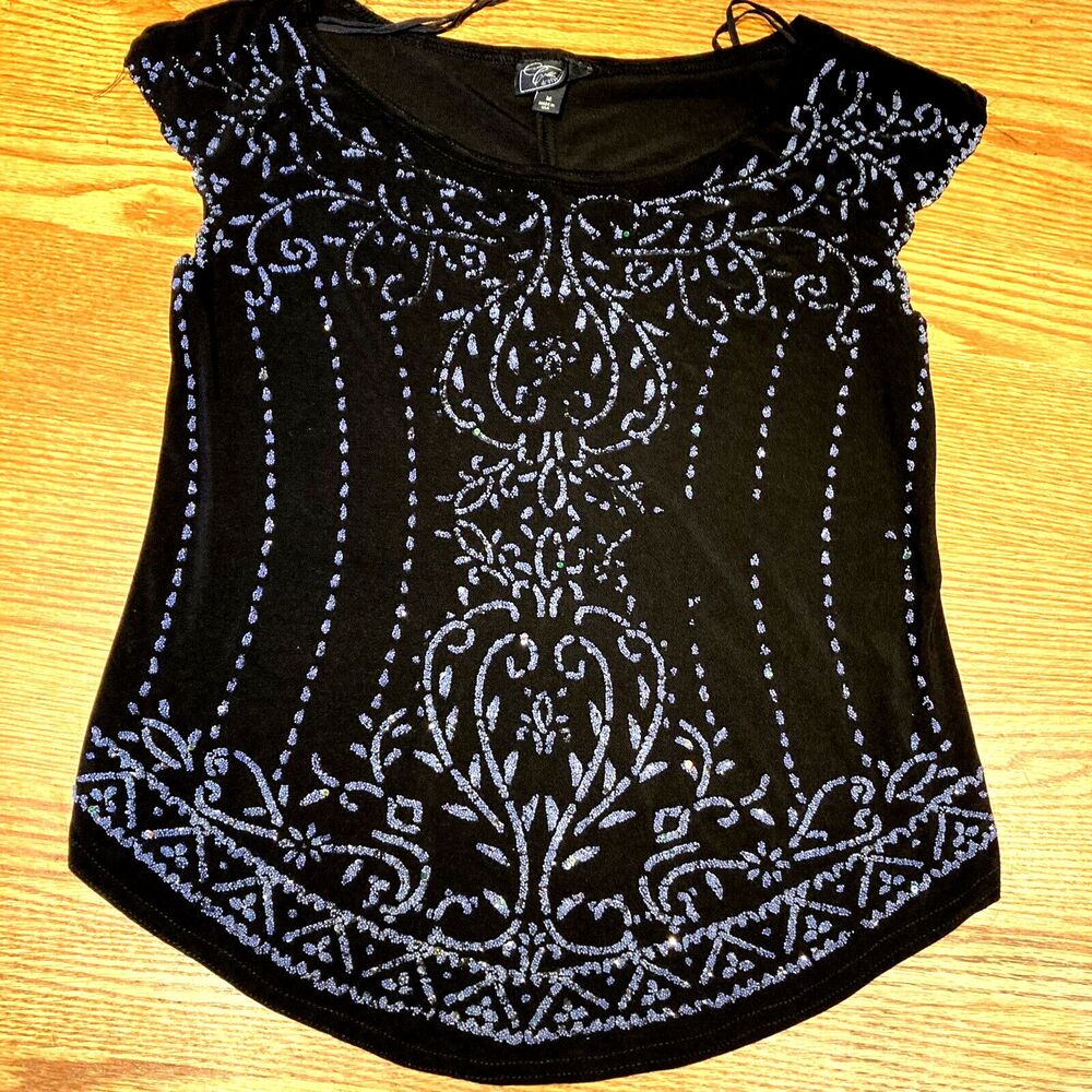 New M Rare SS Shirt Collection Dressy Rhinestone Bohemian Embellished Black